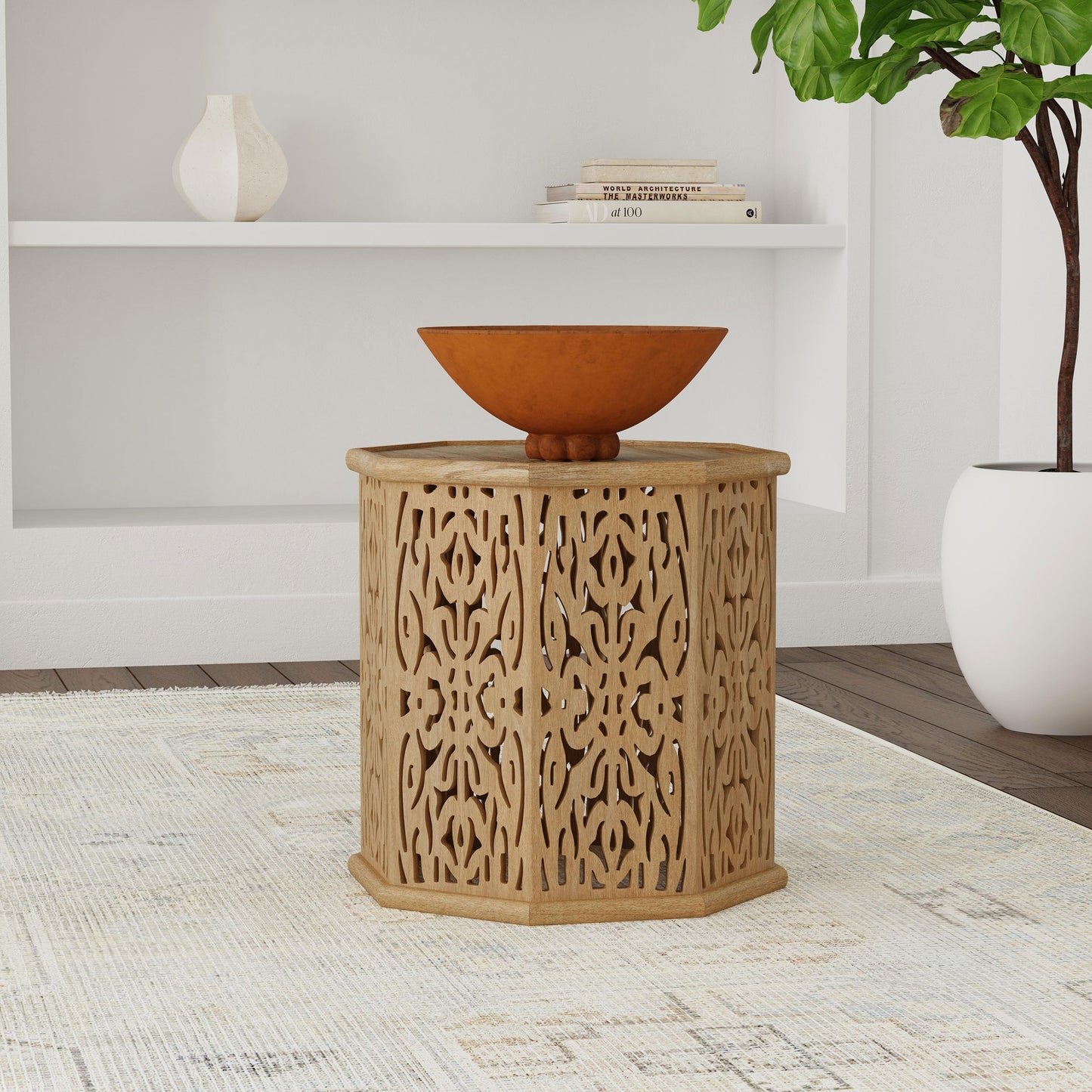 Torres Octagonal Solid Wood Side Table with Intricate Openwork Carvings Natural Brown