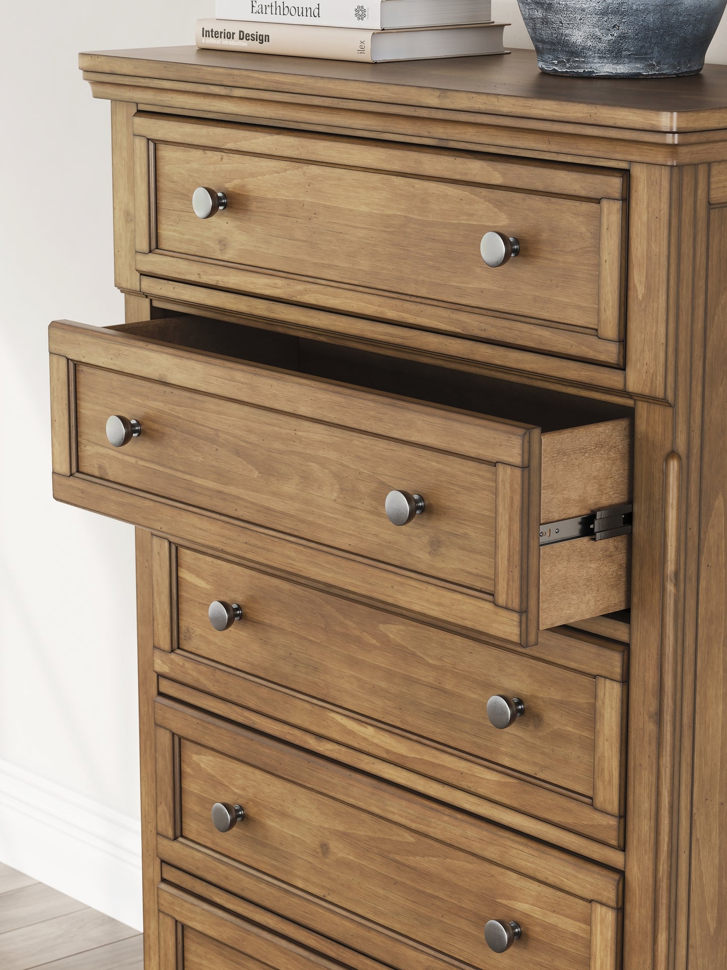 Feddinger California King Storage Sleigh Bed with Mirrored Dresser and Chest