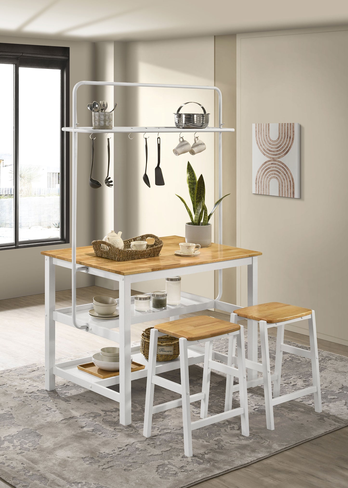 Hollis Kitchen Island Counter Height Table with Pot Rack Brown and White