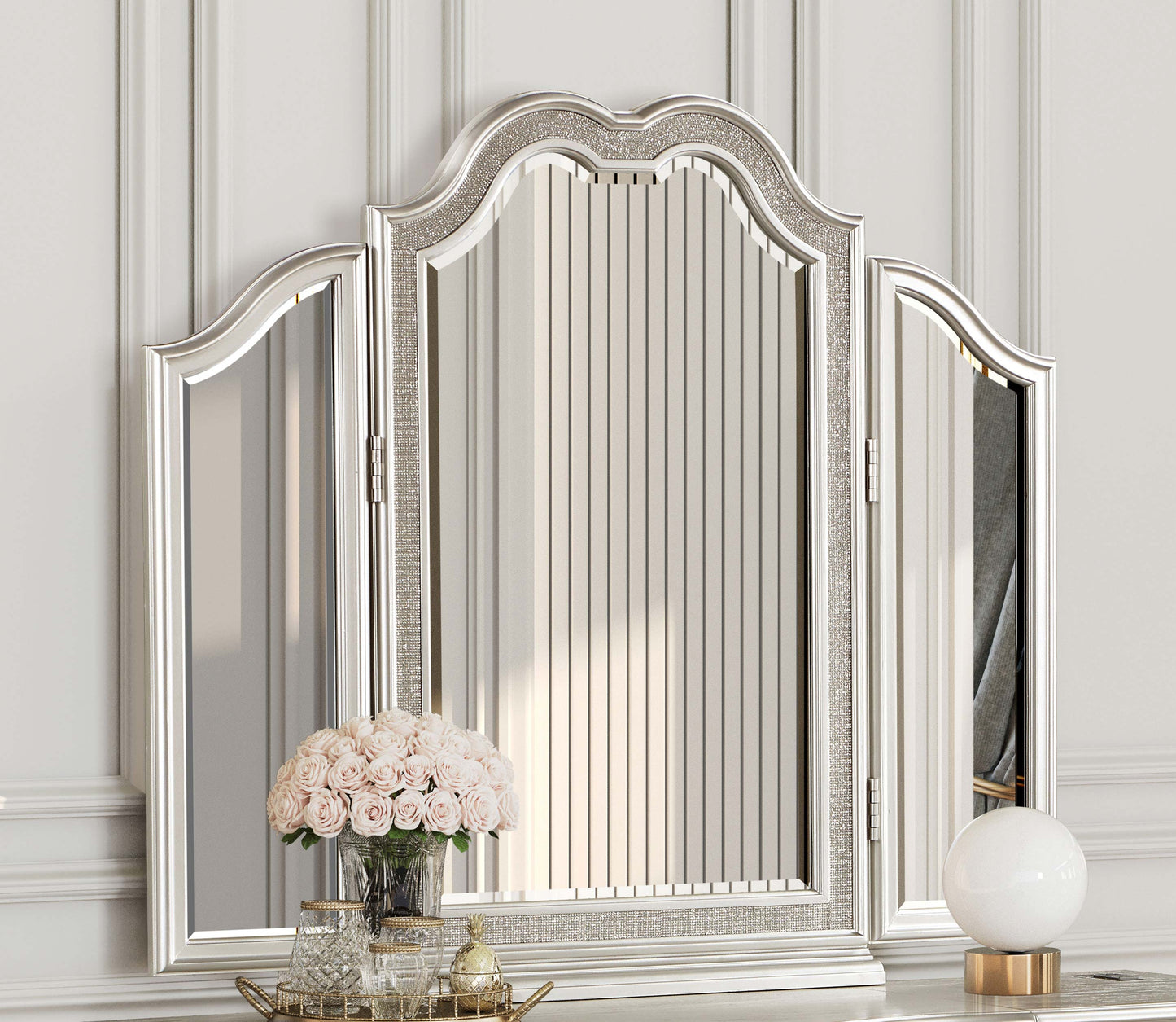 Evangeline Vanity Mirror with Faux Diamond Trim Silver