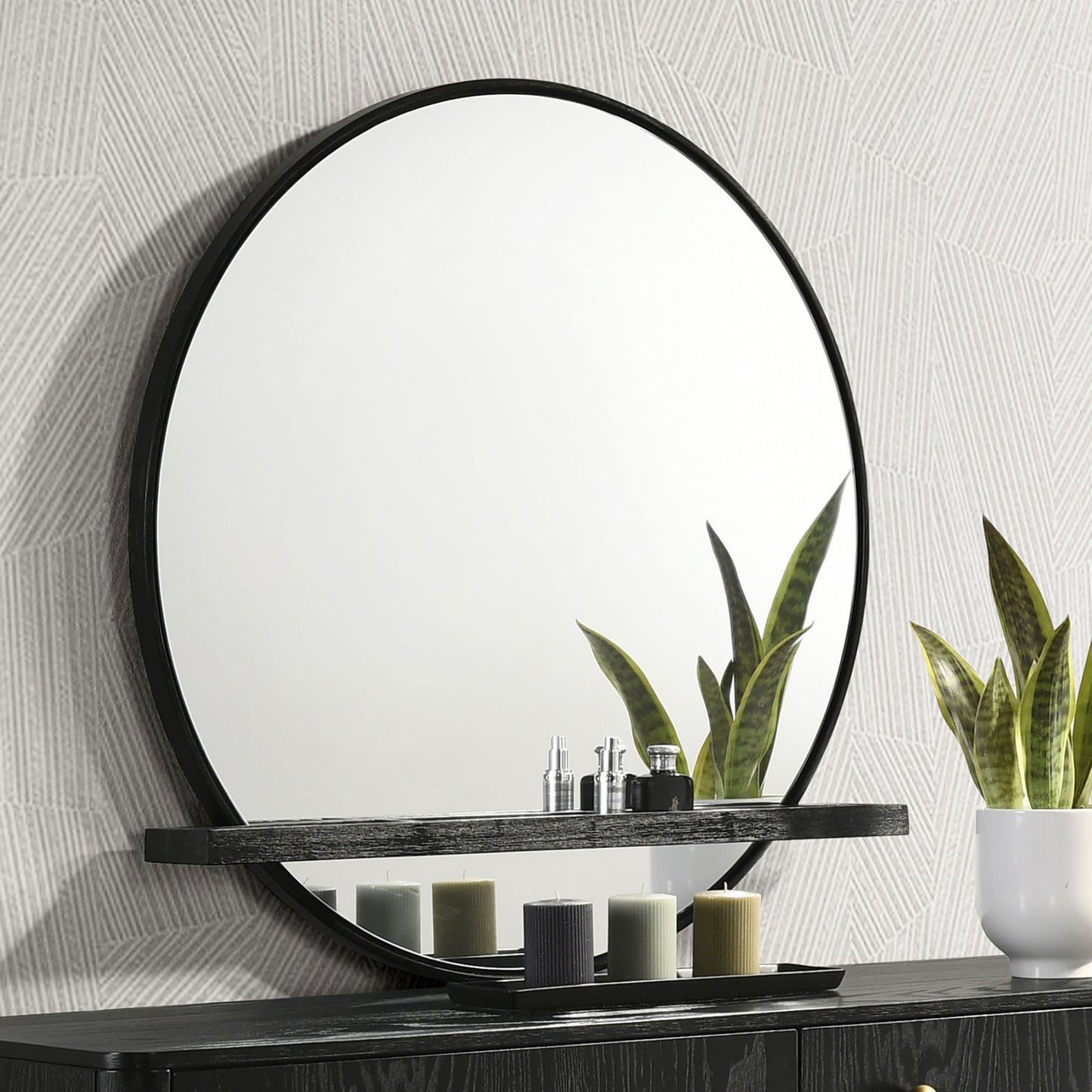 Arini Round Dresser Mirror with Shelf Black