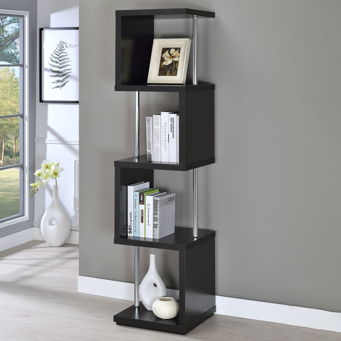 Baxter 4-shelf Bookcase Black and Chrome