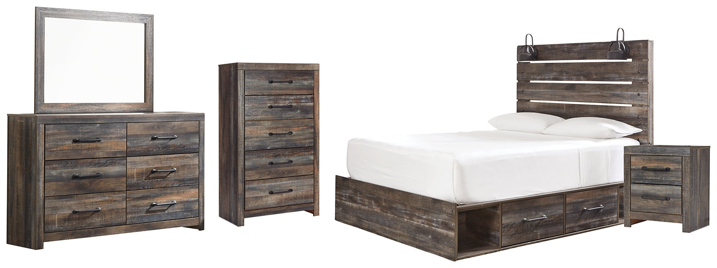 Drystan Queen Panel Bed with 4 Storage Drawers, Dresser, Mirror, Chest and Nightstand
