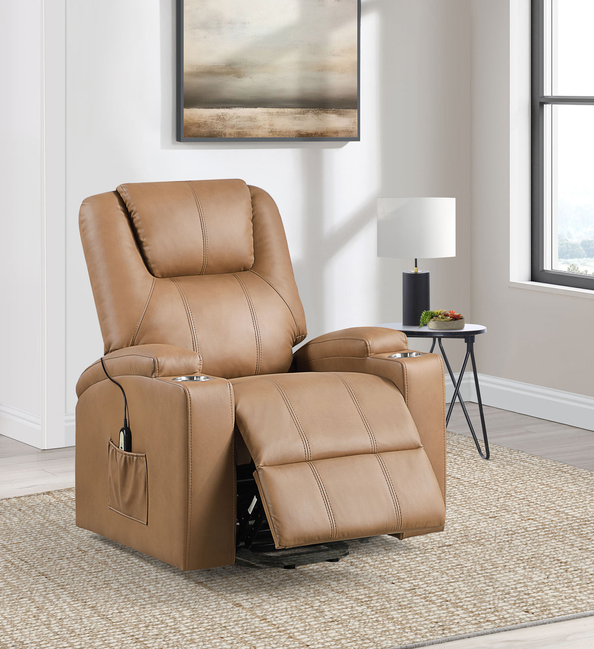 Armstrong Channeled Faux Leather Power Lift Massage Recliner Camel