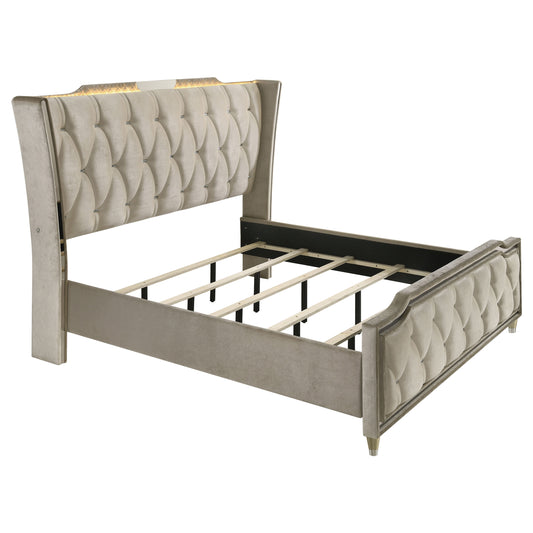 Lorient Queen LED Upholstered Wingback Bed Ivory and Camel