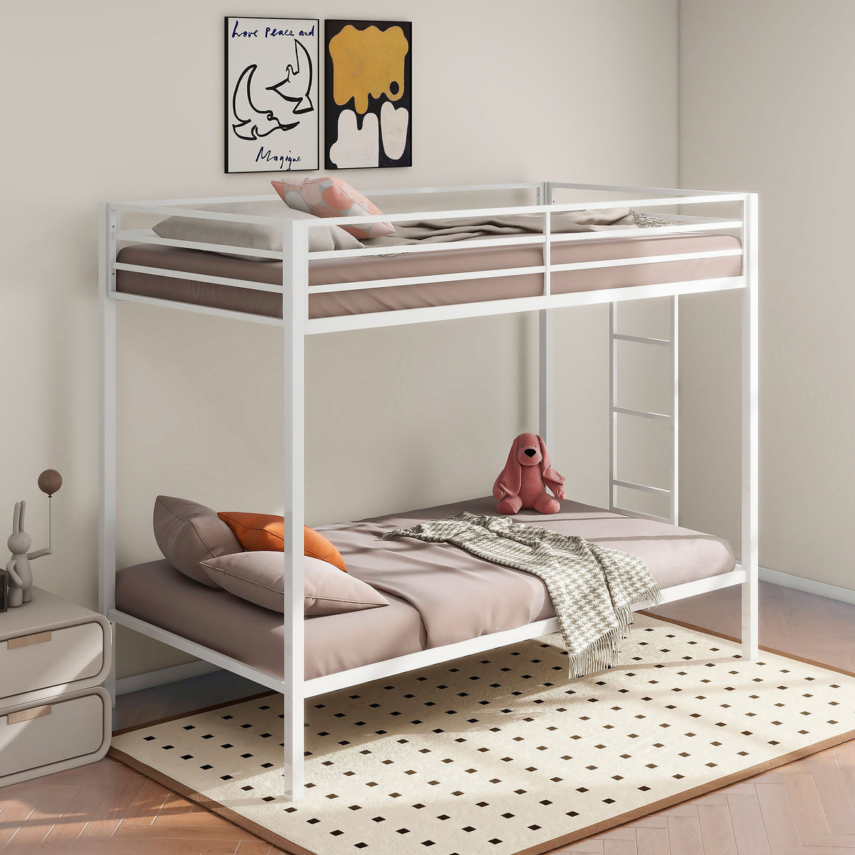 Alevera Twin-Over-Twin Steel Bunk Bed with Ladder Matte White