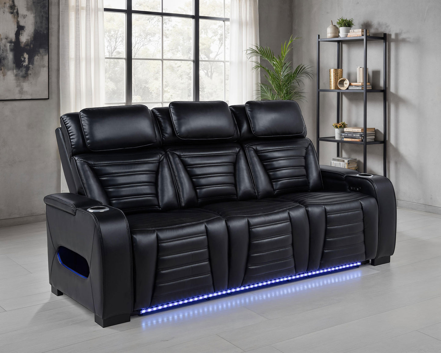 Zuma Faux Leather Dual Power Reclining LED Sofa Black