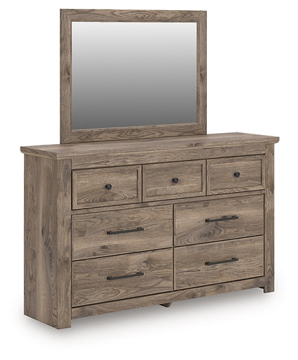 Rusticott Queen Poster Bed with Mirrored Dresser and Nightstand