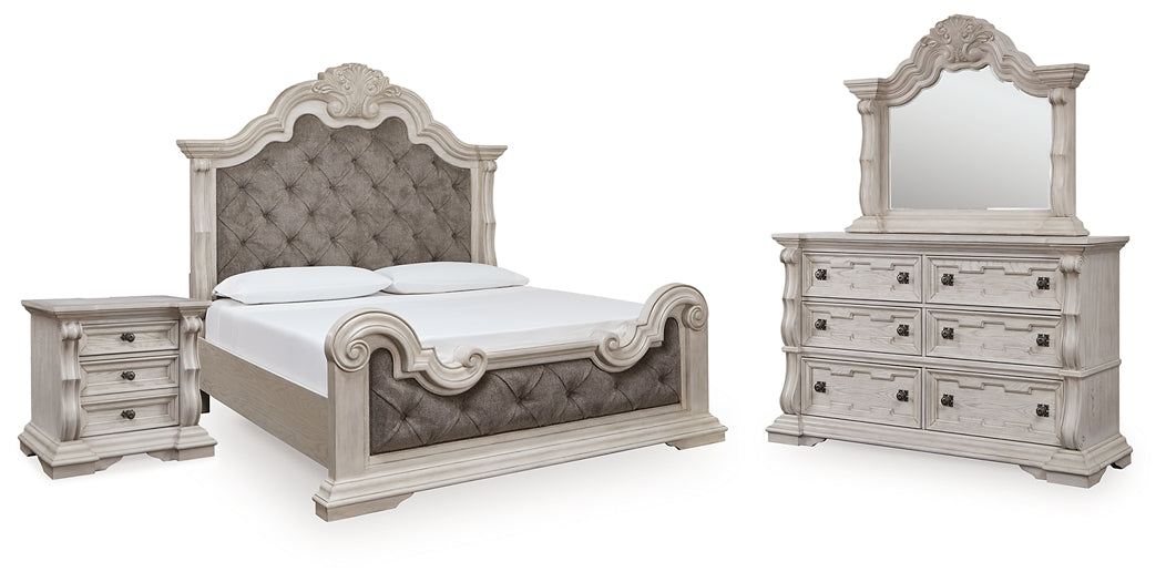Bruchandi King Upholstered Panel Bed with Mirrored Dresser and Nightstand