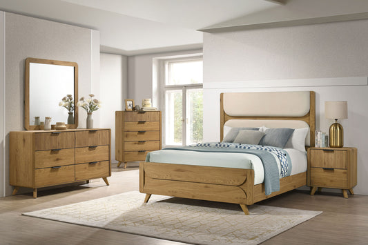 Bennett Eastern King Upholstered 5-Piece Mid-Century Bedroom Set Light Oak