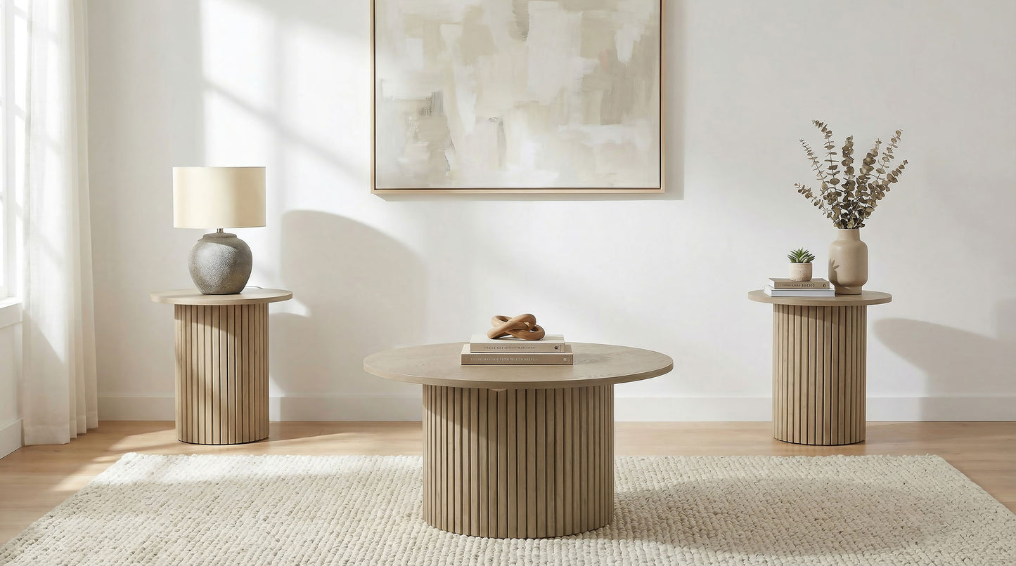 Hamlyn 3-piece Round Fluted Coffee and End Table Set Natural Oak