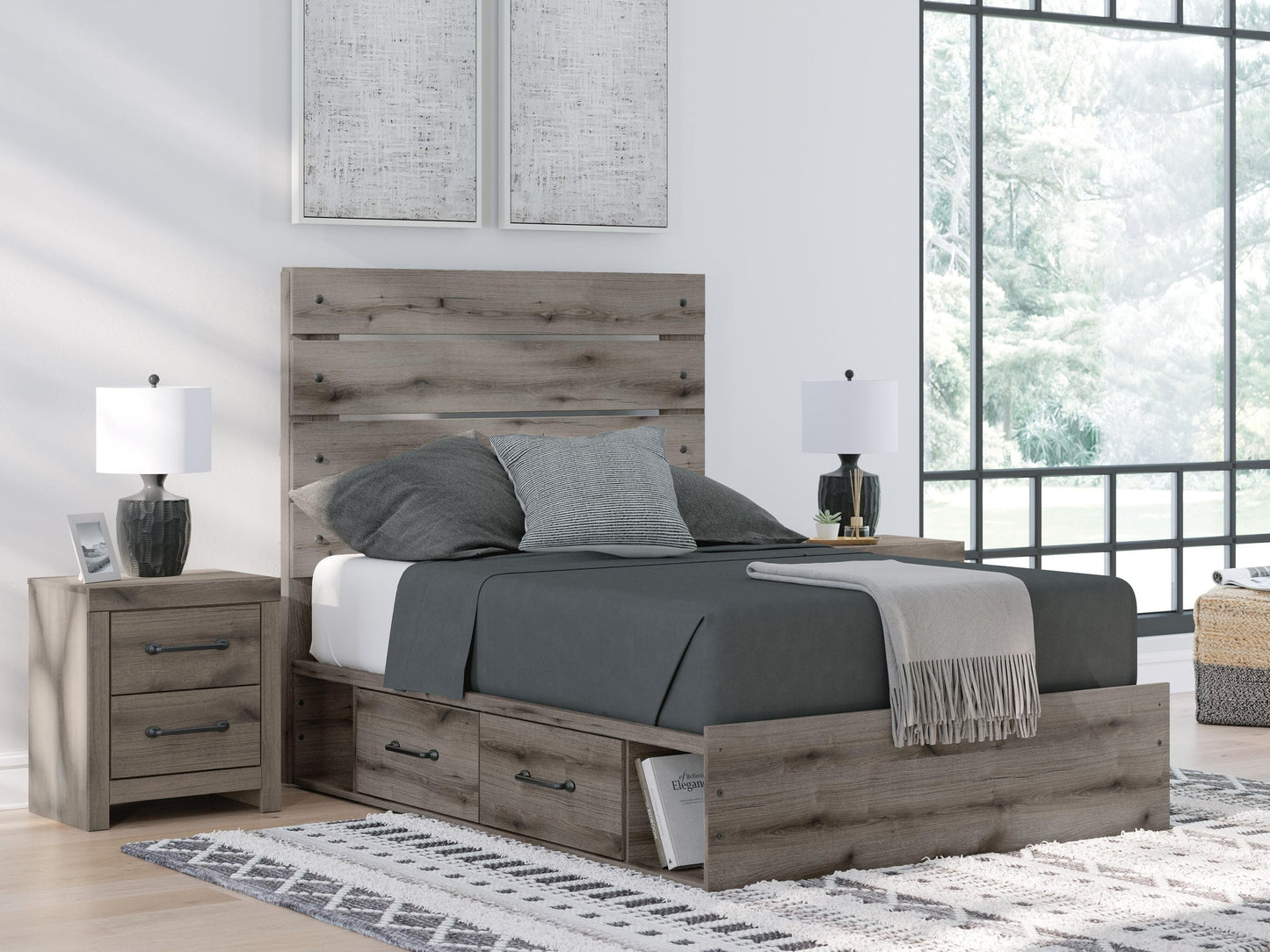 Graystorm Full Panel Bed with Storage, Dresser, Mirror, Chest and Nightstand