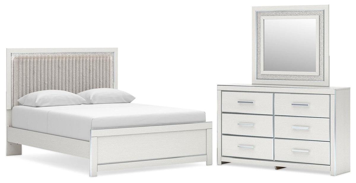 Birmonton Queen Upholstered Panel Platform Bed, Dresser and Mirror