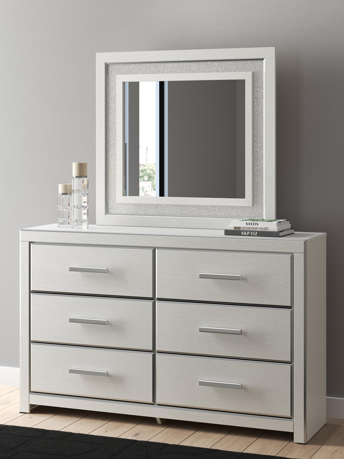 Birmonton Queen Upholstered Panel Platform Bed, Dresser and Mirror