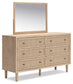Cielden California King Upholstered Bed with Roll Slats, Dresser and Mirror