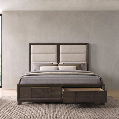 Farre Queen Upholstered Storage Platform Bed Dark Brown