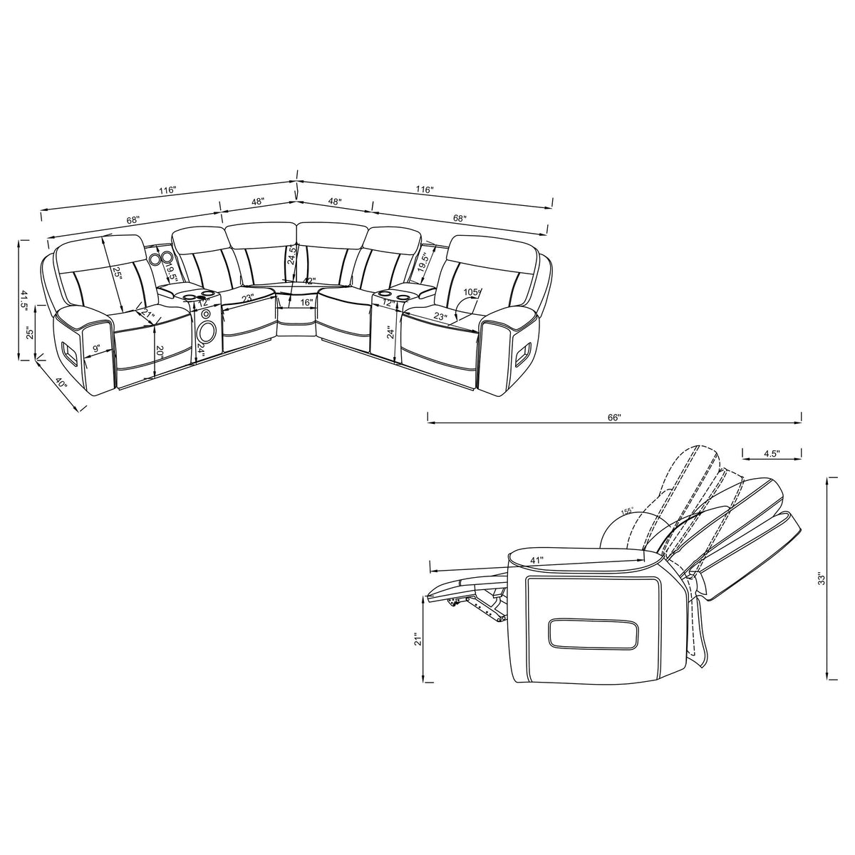 Rojas 3-Piece Dual Power L-Shaped Sectional Sofa with Bluetooth Black