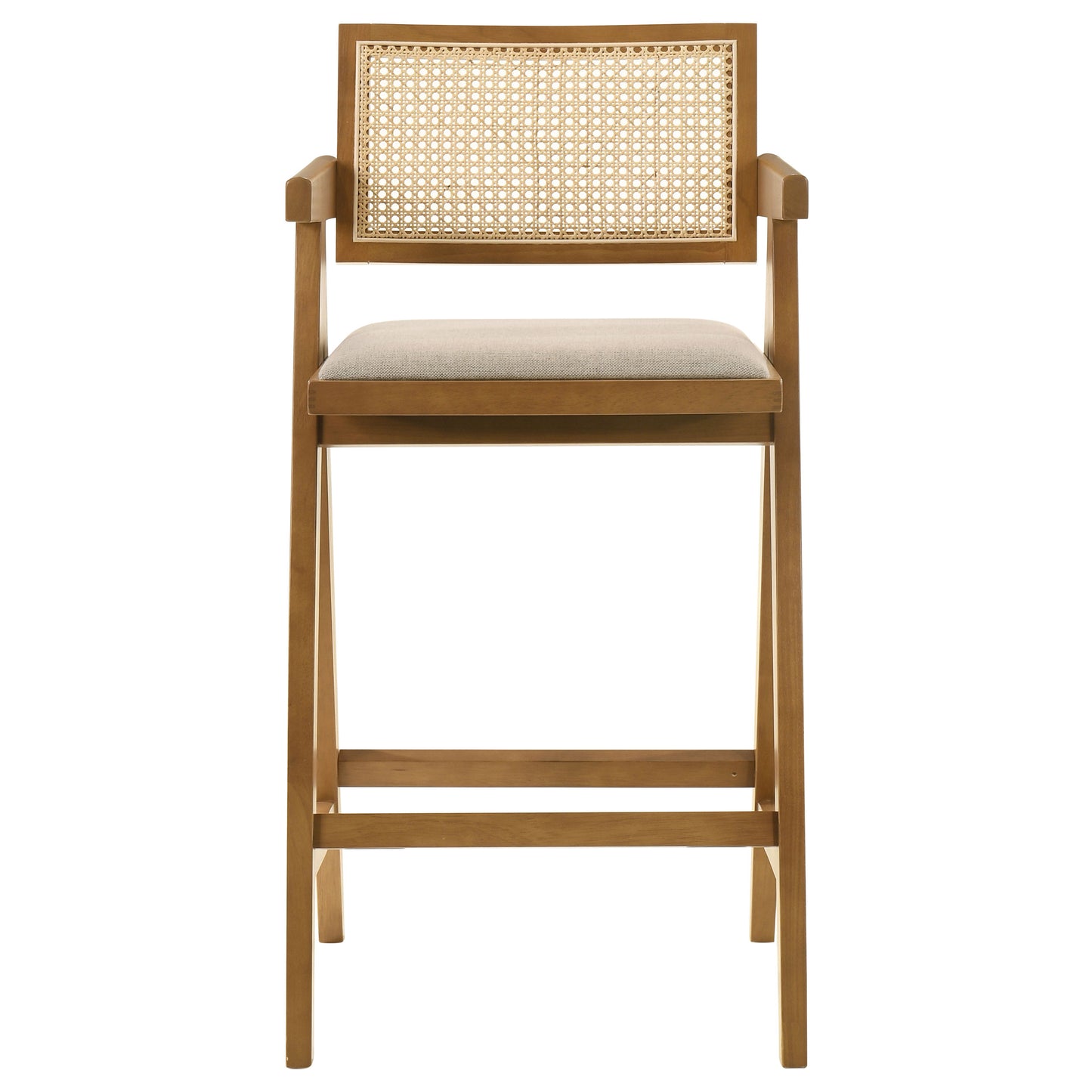 Kane Solid Wood Bar Stool with Woven Rattan Back and Upholstered Seat Light Walnut (Set of 2)