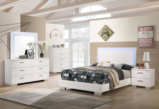 Felicity 5-piece Full Bedroom Set with LED Headboard and Mirror Glossy White