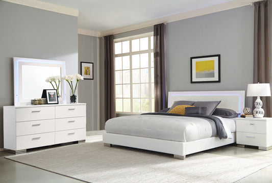 Felicity 4-piece Eastern King Bedroom Set with LED Headboard and Mirror Glossy White