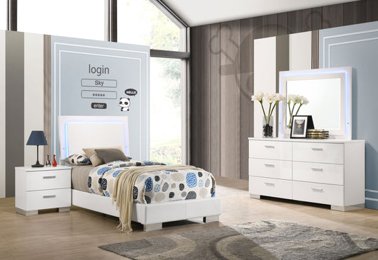 Felicity 4-piece Twin Bedroom Set with LED Headboard and Mirror Glossy White