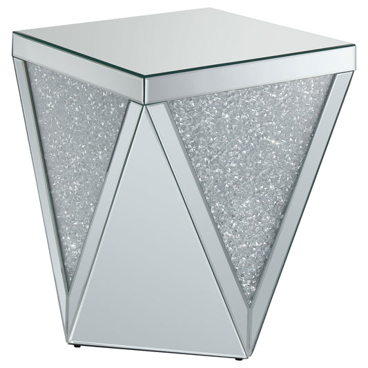 Amore Square End Table with Triangle Detailing Silver and Clear Mirror