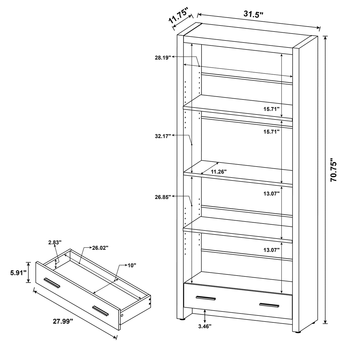 Skylar 71-inch 5-shelf Bookcase with Drawer Cappuccino